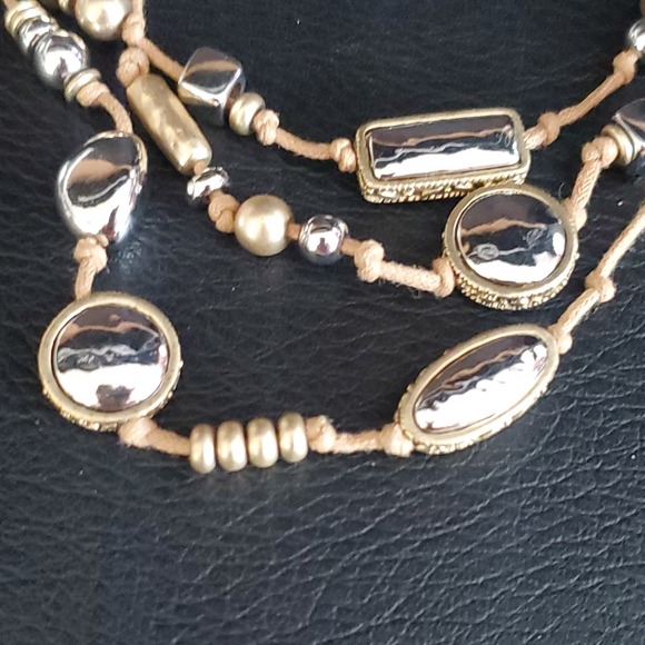 Chico's Three Strand Silver Tone Hammered Beads with Gold Accents on Tan Cord - Picture 4 of 10